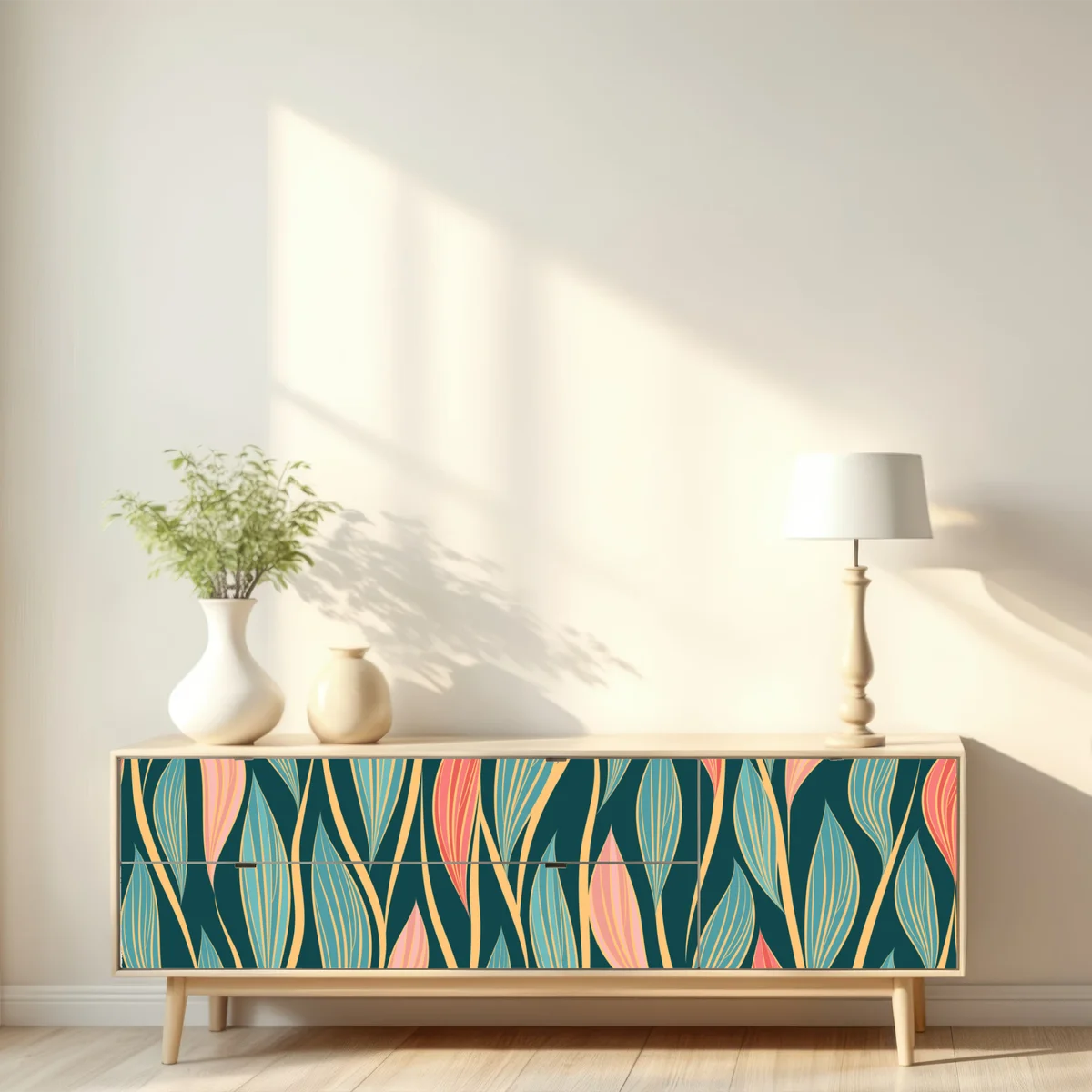 Repositionierbarer Aufkleber botanisches blattmuster in türkis und koralle Repositionierbarer Aufkleber botanisches blattmuster in türkis und koralle