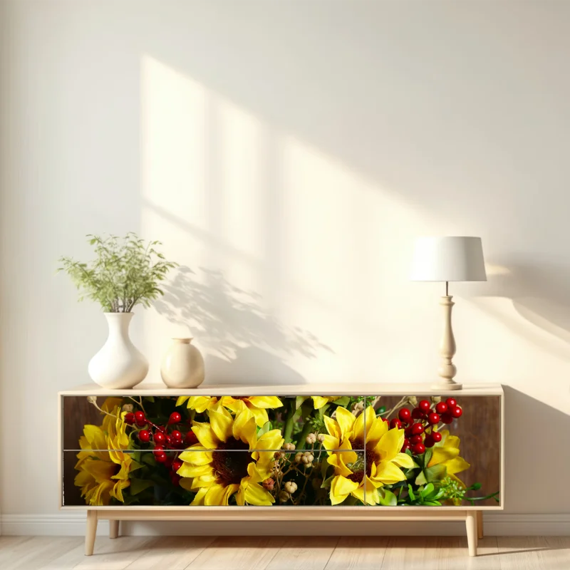 Repositionierbarer Aufkleber herbstlicher sonnenblumenstrauß vor holzhintergrund Repositionierbarer Aufkleber herbstlicher sonnenblumenstrauß vor holzhintergrund