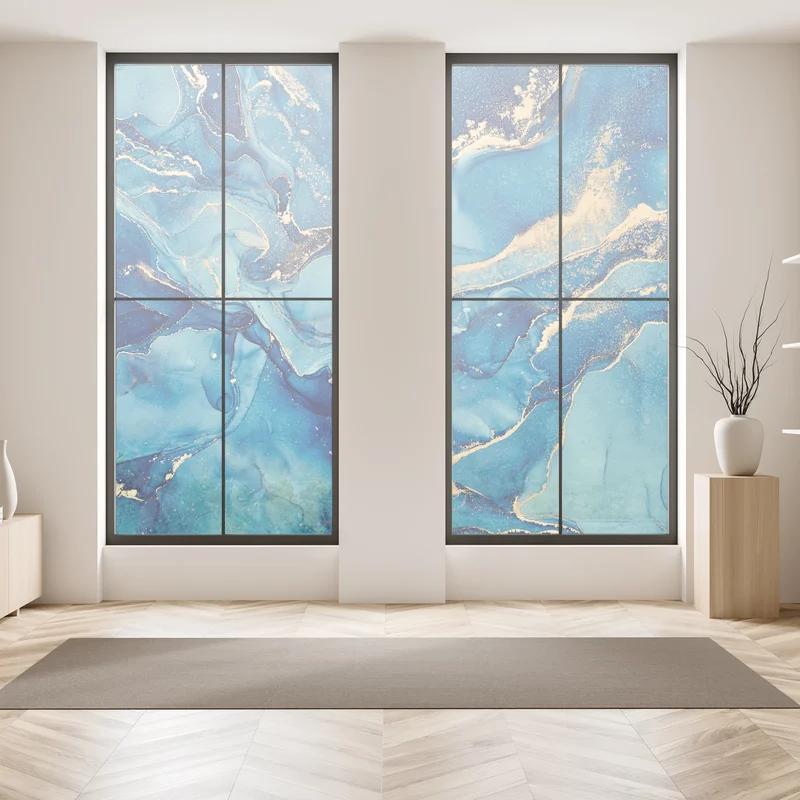 Fensteraufkleber ozeanblau und goldene wirbel flüssige abstraktion