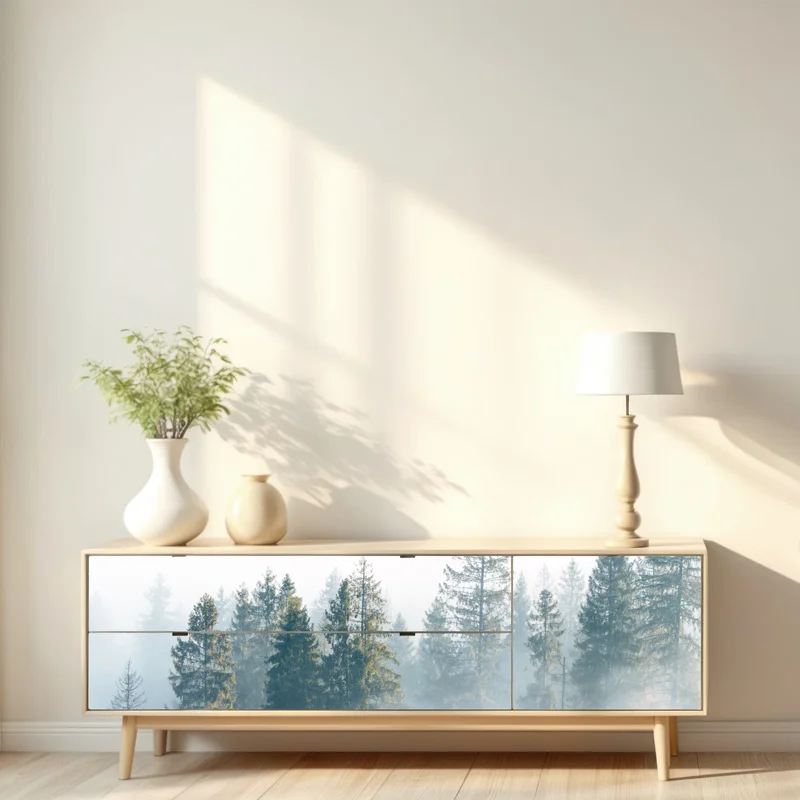 Repositionierbarer Aufkleber nebliger fichtenwald am morgen