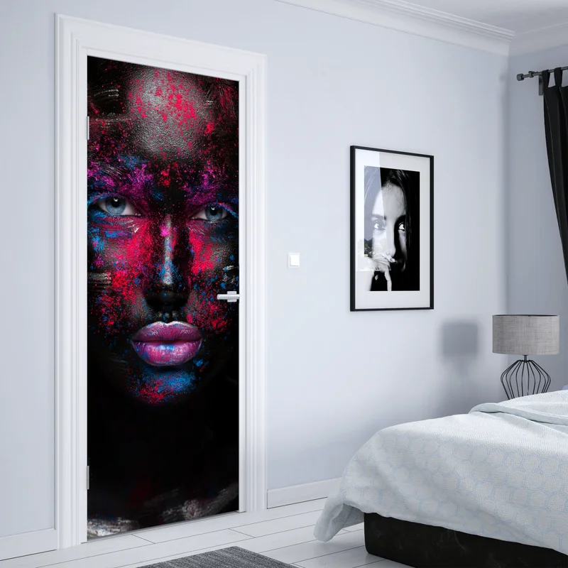 Türaufkleber dramatisches neon-gesichtsporträt • Türaufkleber bei Wallnifity® Türaufkleber dramatisches neon-gesichtsporträt • Türaufkleber bei Wallnifity®