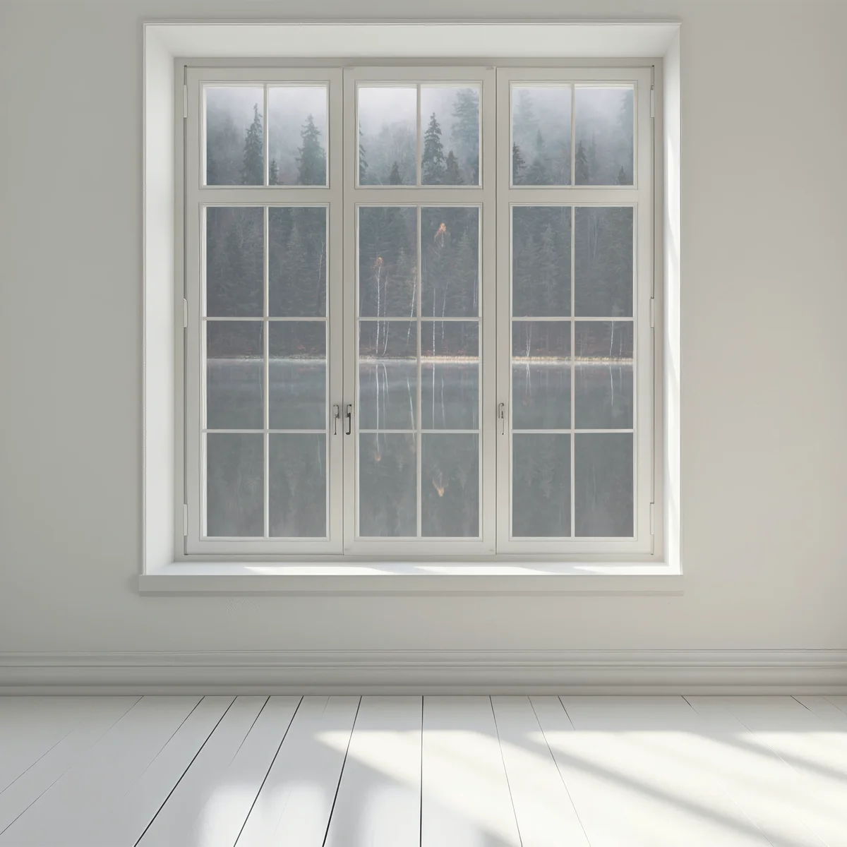 Fensteraufkleber neblige waldreflexion Fensteraufkleber neblige waldreflexion