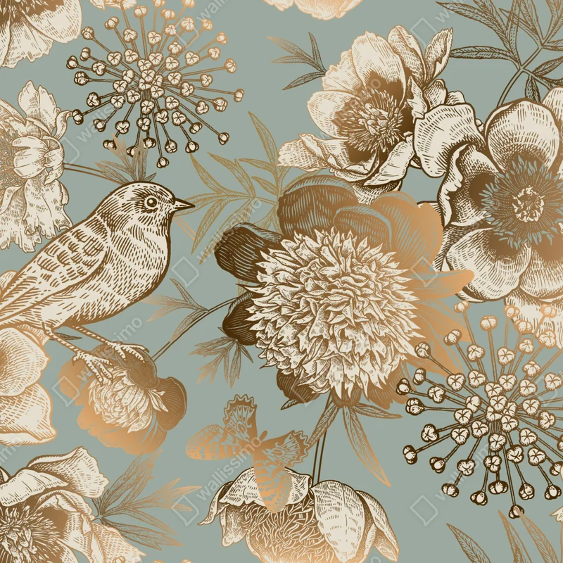 Fototapeta vintage botaniczny motyw kwiatowy z ptakiem Fototapeta vintage botaniczny motyw kwiatowy z ptakiem