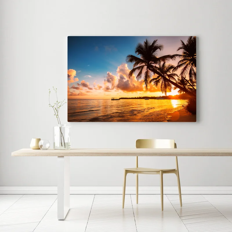 Leinwandbild tropischer sonnenuntergang mit palmensilhouetten, Dominikanische Republik Leinwandbild tropischer sonnenuntergang mit palmensilhouetten, Dominikanische Republik