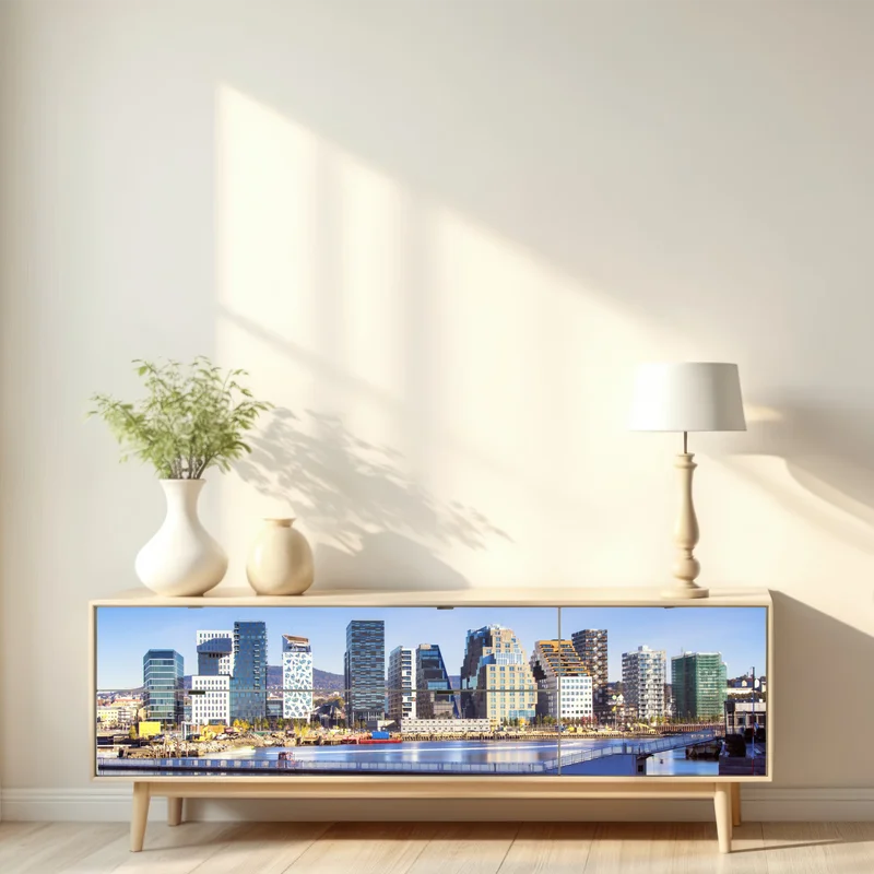 Repositionierbarer Aufkleber moderne ufer skyline mit spiegelungen