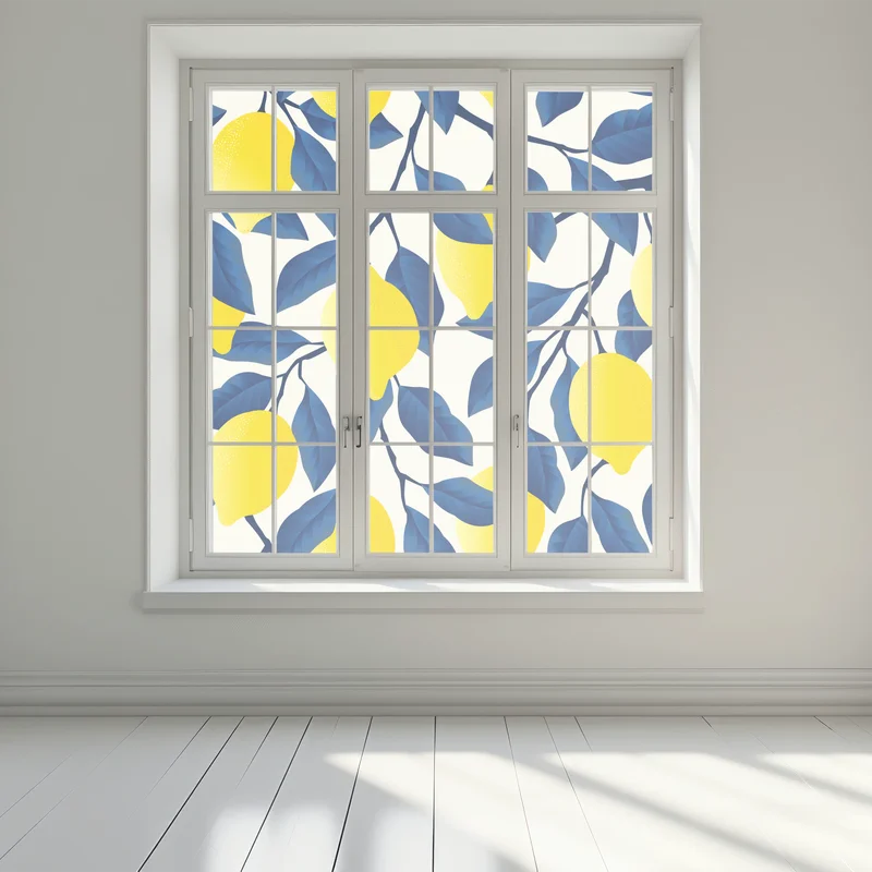 Fensteraufkleber lebhaftes zitronenmuster mit blauen blättern