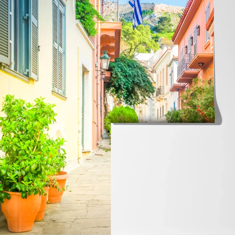 Fototapete sonnige griechische gasse mit bougainvillea Fototapete sonnige griechische gasse mit bougainvillea
