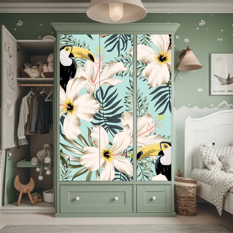 Schrankaufkleber tropisches muster mit tukan und blumen