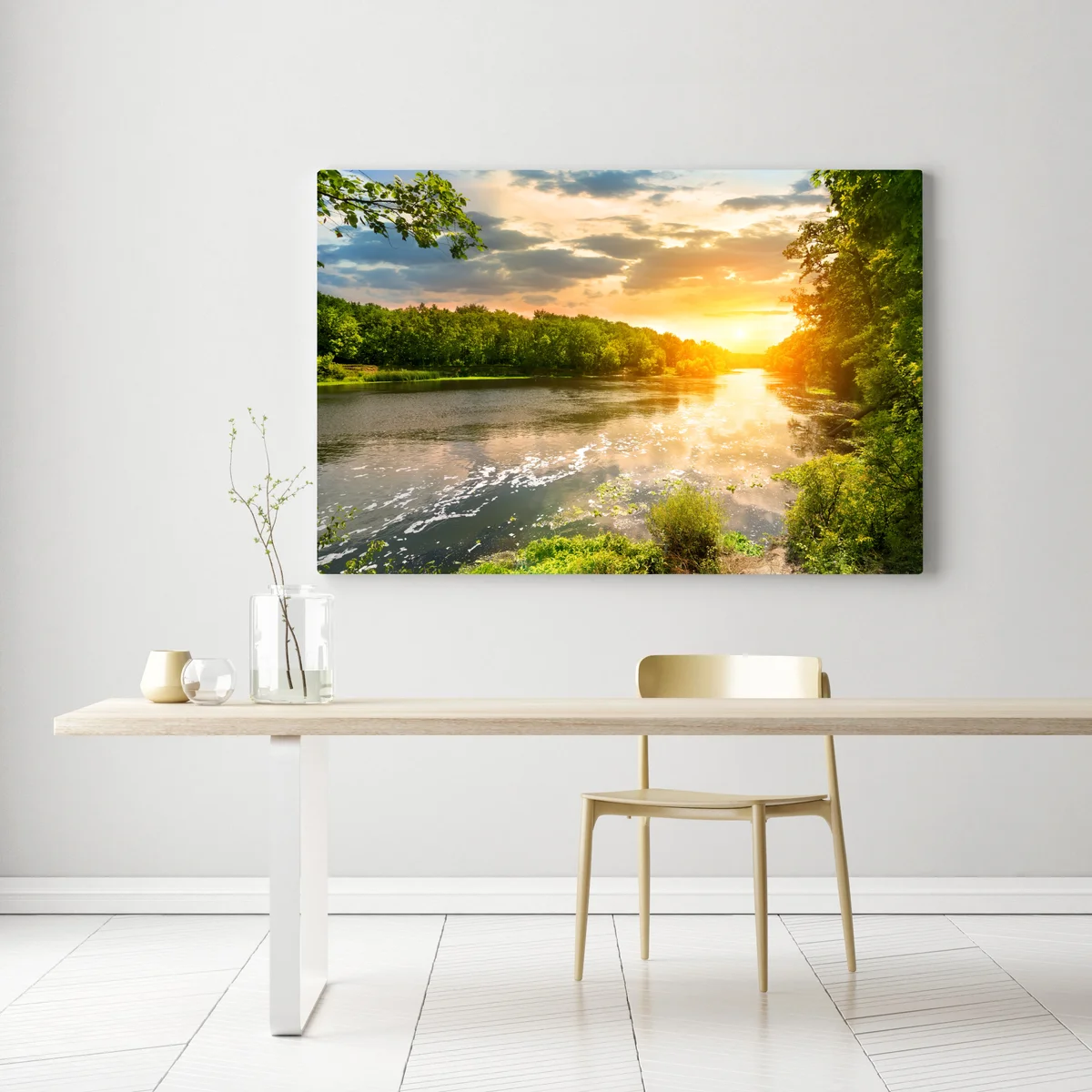 Leinwandbild ruhiger sonnenuntergang am fluss im grünen wald Leinwandbild ruhiger sonnenuntergang am fluss im grünen wald