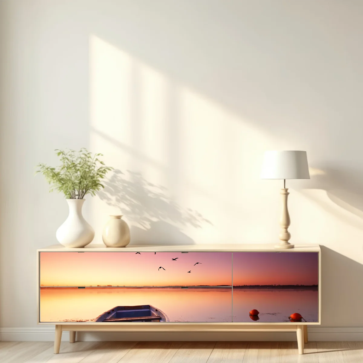 Repositionierbarer Aufkleber friedliche bootsstimmung im abendlicht Repositionierbarer Aufkleber friedliche bootsstimmung im abendlicht