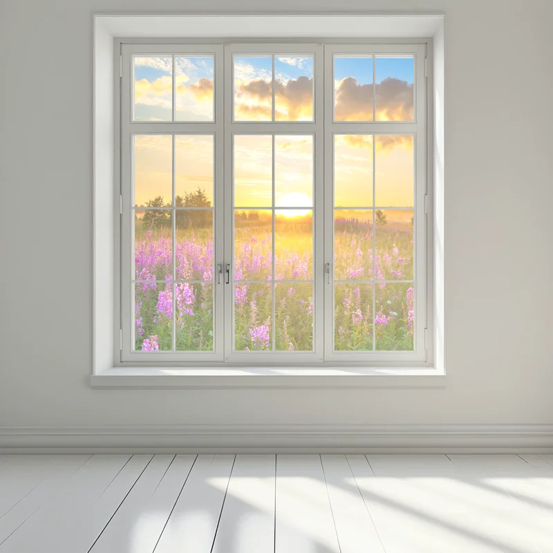 Fensteraufkleber sonnenaufgang über violetter wildblumenwiese