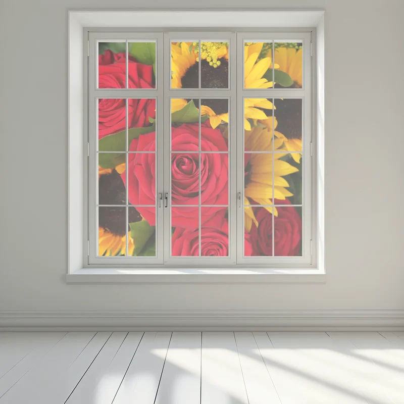 Fensteraufkleber rote rosen und sonnenblumen im bukett Fensteraufkleber rote rosen und sonnenblumen im bukett