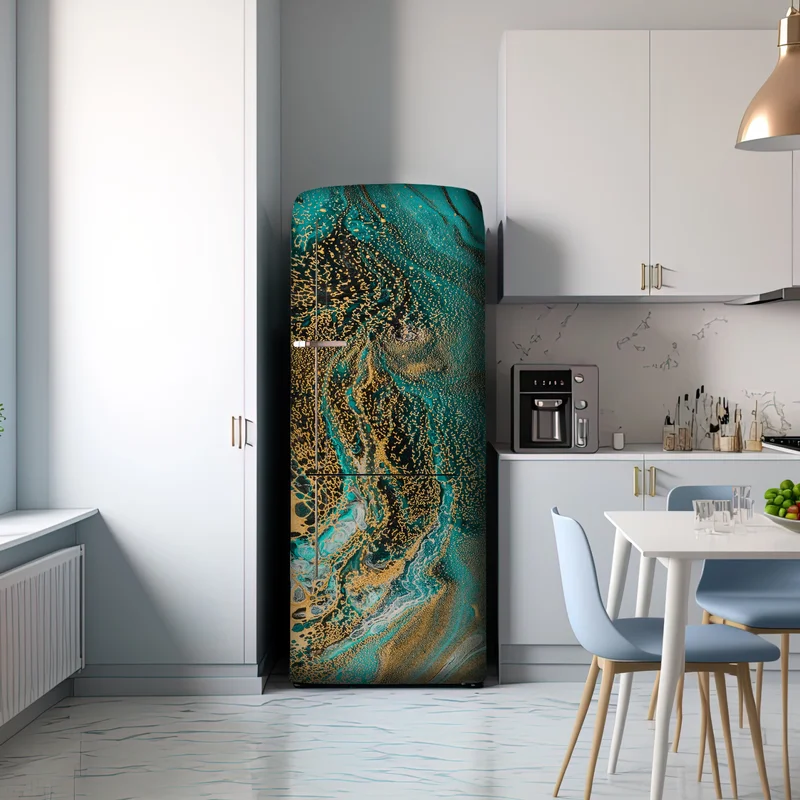 Kühlschrankaufkleber türkis und gold fließende abstraktion Kühlschrankaufkleber türkis und gold fließende abstraktion