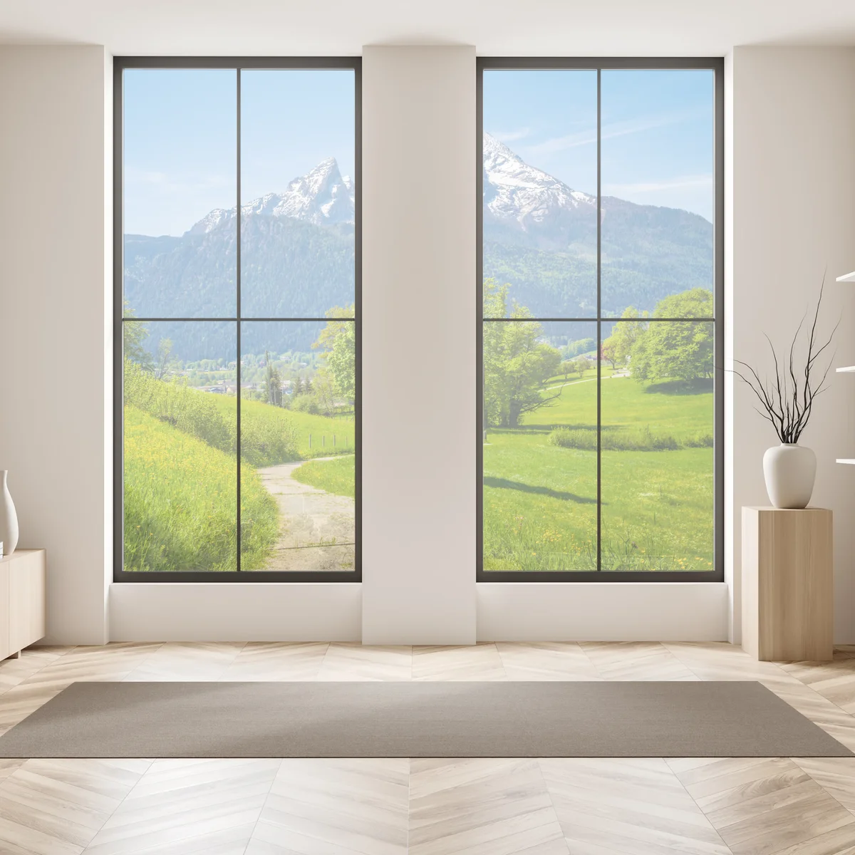 Fensteraufkleber ruhige alpenwiese mit berggipfeln Fensteraufkleber ruhige alpenwiese mit berggipfeln