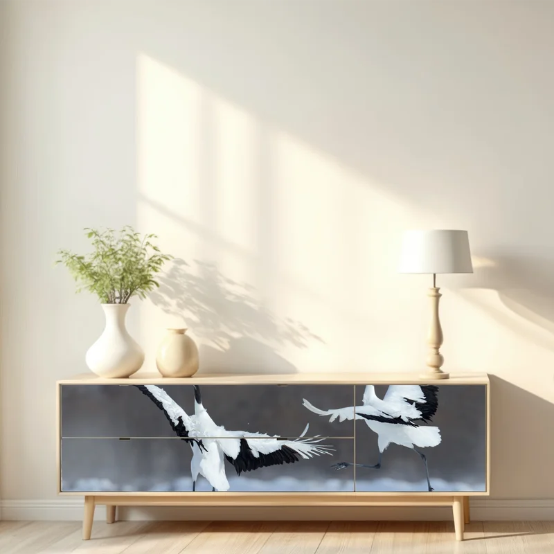 Repositionierbarer Aufkleber tanzende rotkronenkraniche im schnee, Hokkaido