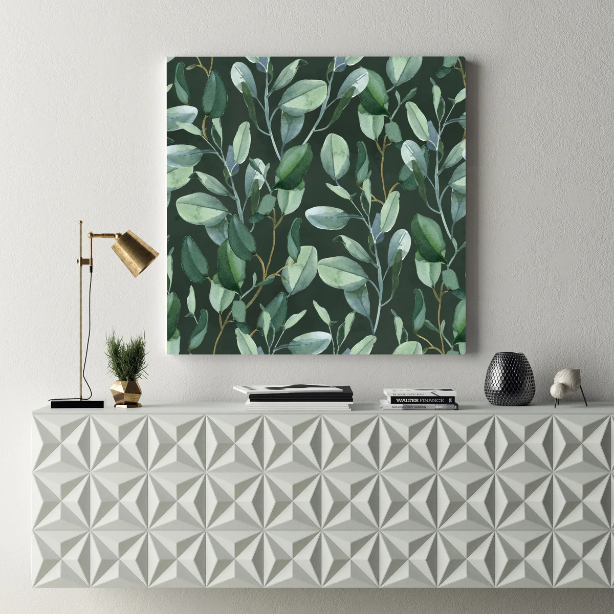 Leinwandbild aquarell eukalyptusblätter muster auf dunkelgrünem hintergrund Leinwandbild aquarell eukalyptusblätter muster auf dunkelgrünem hintergrund