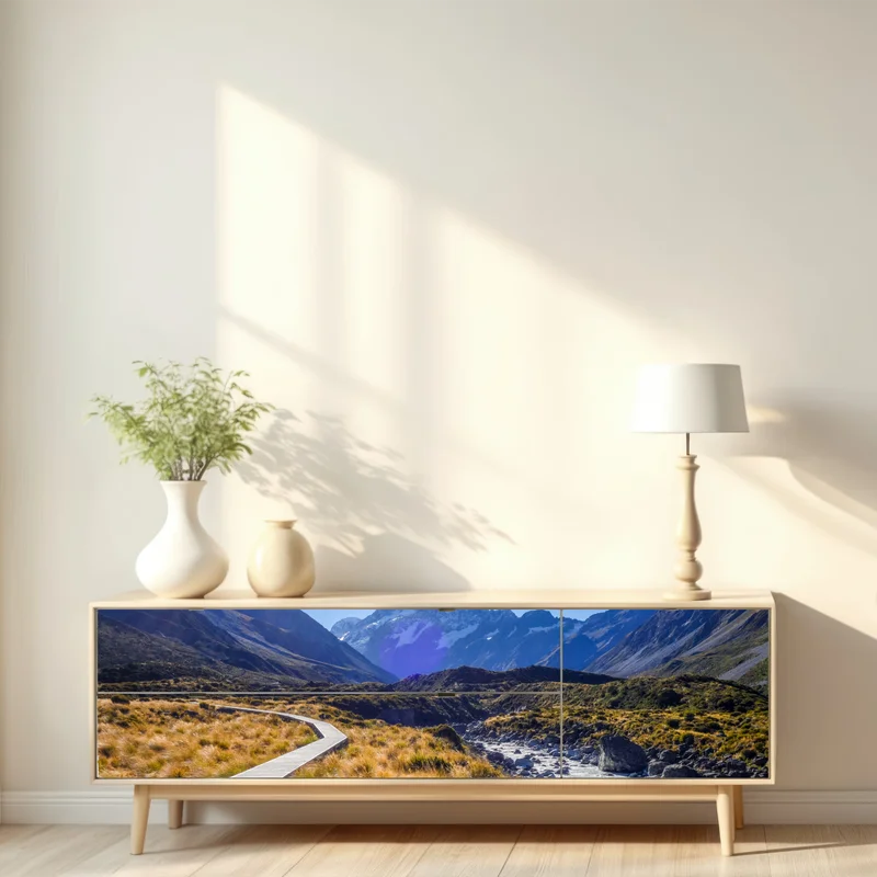 Repositionierbarer Aufkleber holzsteg im Hooker Valley mit blick auf Aoraki Mount Cook