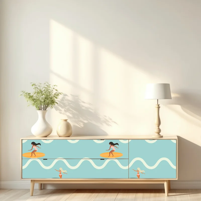 Repositionierbarer Aufkleber surfer auf türkisfarbenen wellen