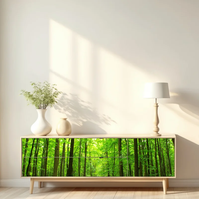 Repositionierbarer Aufkleber ruhiger waldpfad