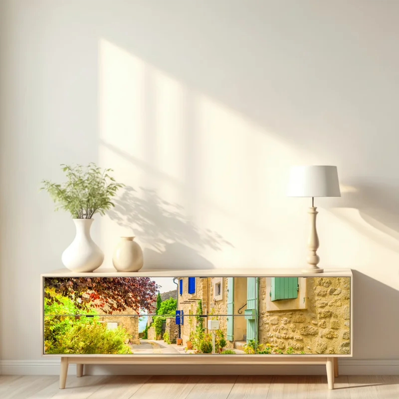 Repositionierbarer Aufkleber sonnenbeschienene dorfstraße mit steinhäusern und bunten fensterläden