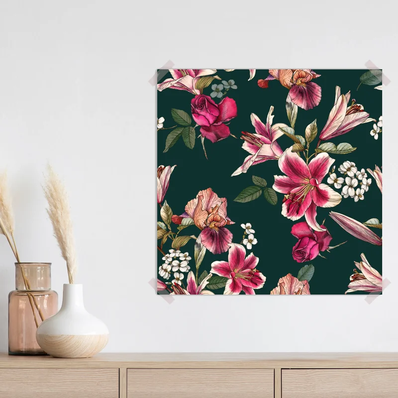 Poster vintage botanisches floralmuster auf tiefgrün Poster vintage botanisches floralmuster auf tiefgrün