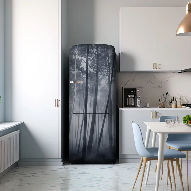 Kühlschrankaufkleber nebliger kiefernwald bei nacht