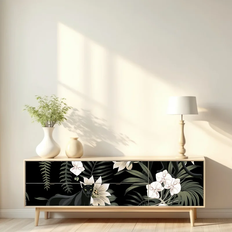 Repositionierbarer Aufkleber botanisches muster mit schwarzem panther