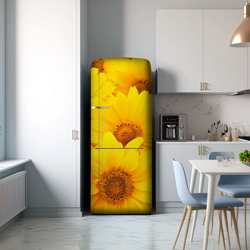 Kühlschrankaufkleber leuchtende gelbe sonnenblumen in nahaufnahme
