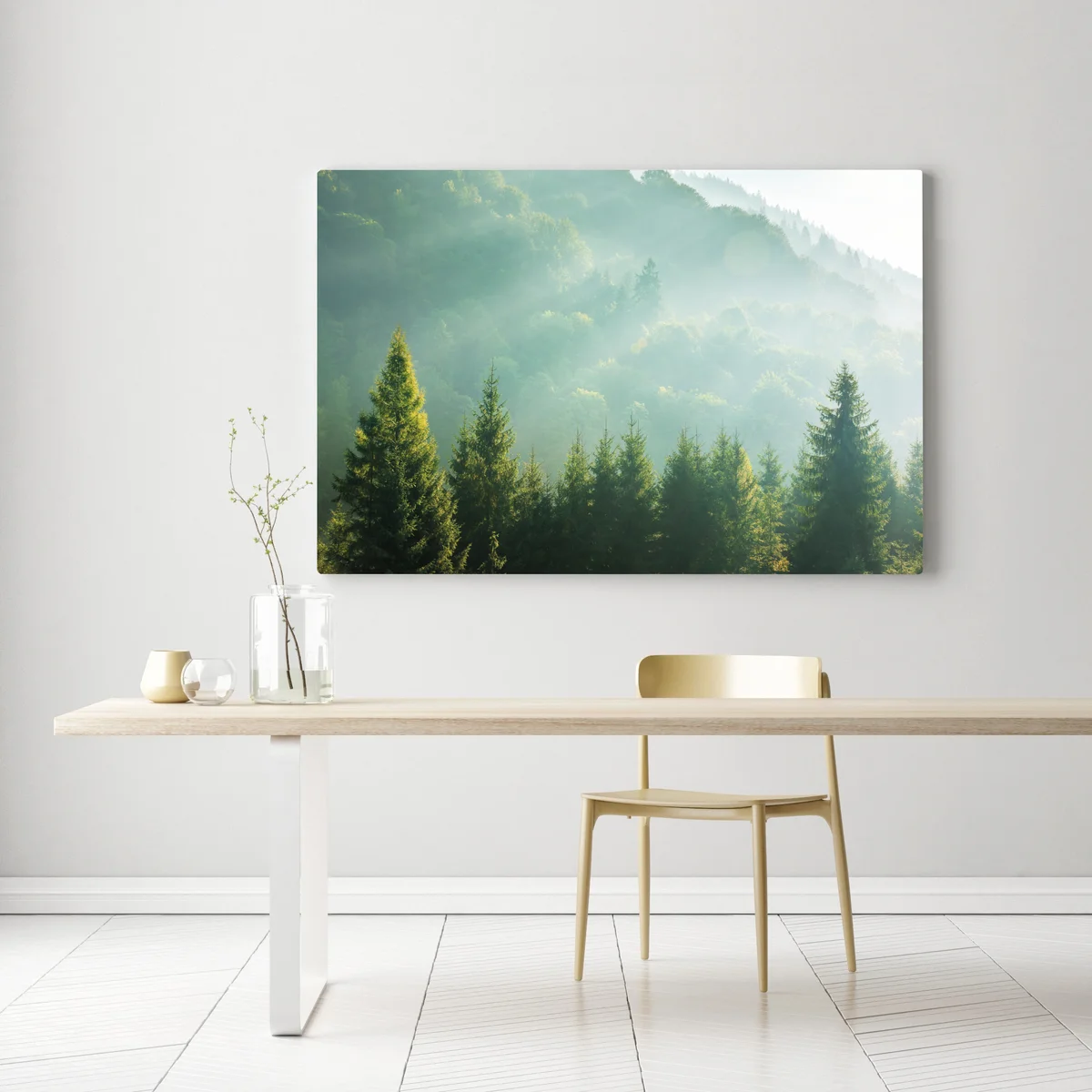 Leinwandbild neblige fichtenspitzen im morgenlicht Leinwandbild neblige fichtenspitzen im morgenlicht