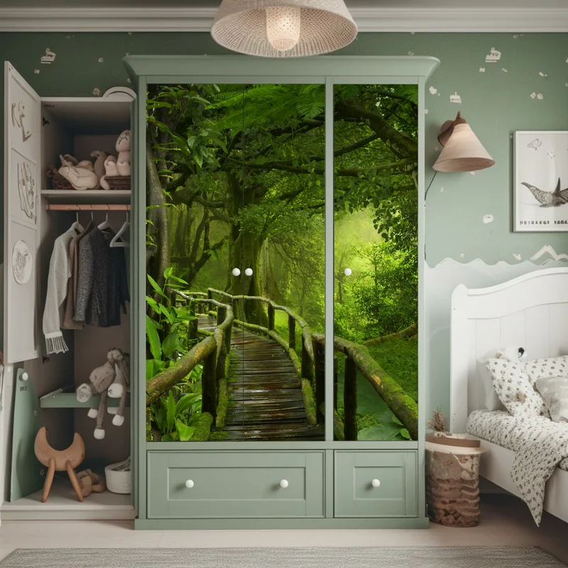 Schrankaufkleber nebliger steg im tropischen dschungel