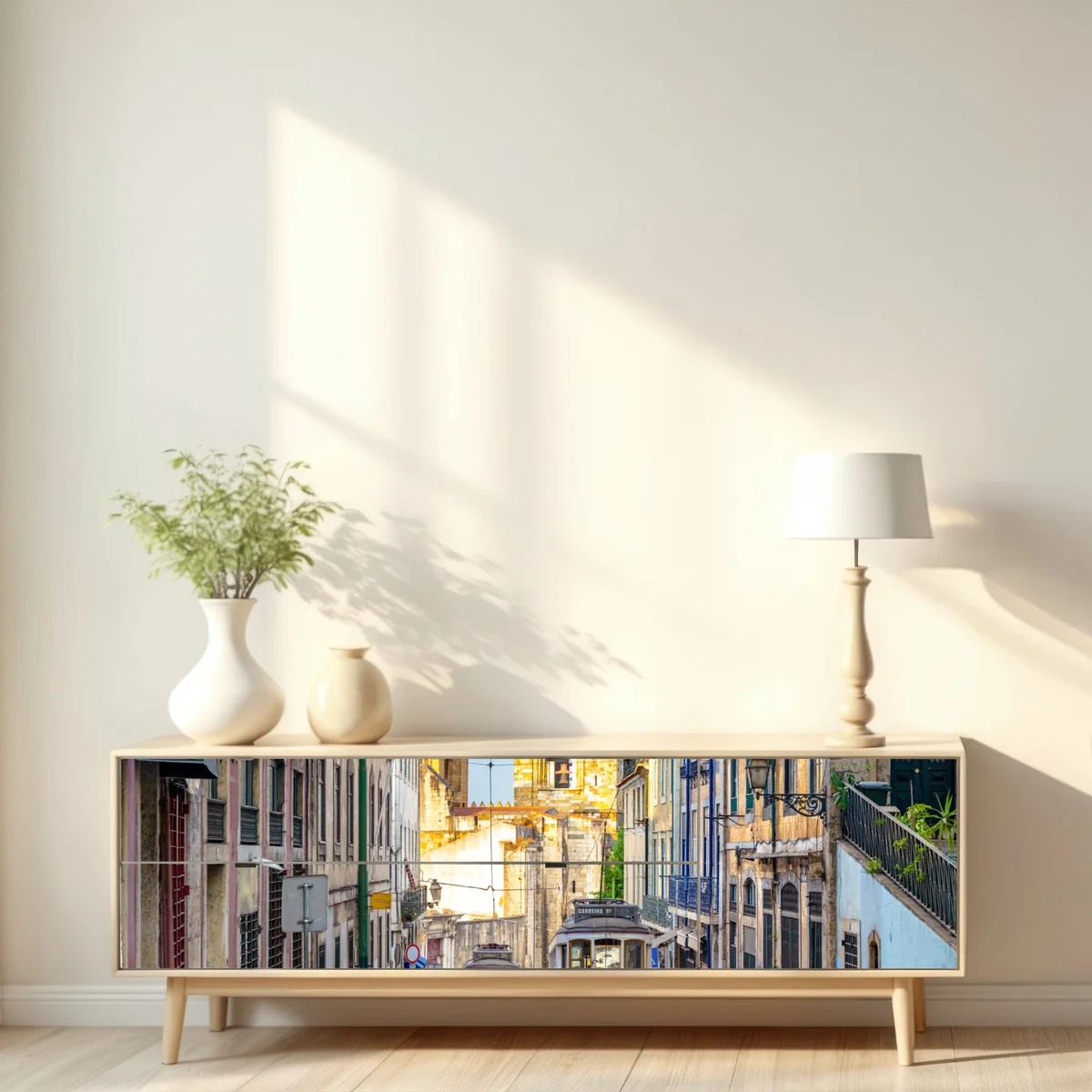 Repositionierbarer Aufkleber sonnige straßenbahnen in Lissabon Repositionierbarer Aufkleber sonnige straßenbahnen in Lissabon