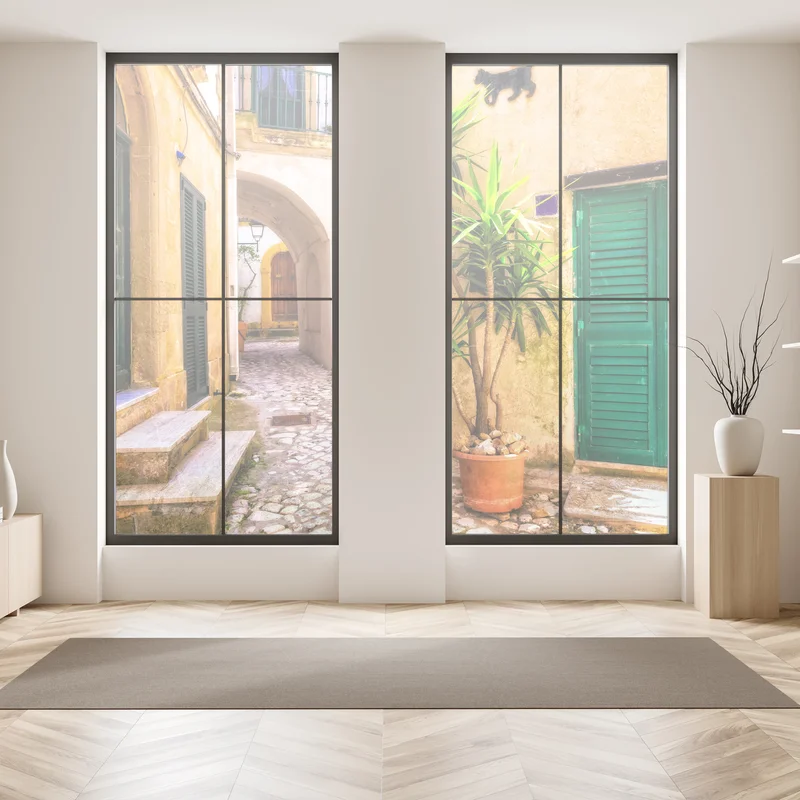 Fensteraufkleber sonnige mediterrane gasse mit grünen jalousien Fensteraufkleber sonnige mediterrane gasse mit grünen jalousien