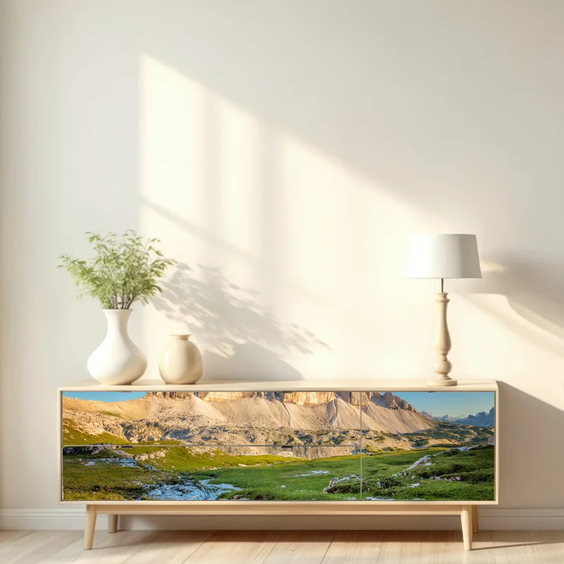 Repositionierbarer Aufkleber Tre Cime di Lavaredo über der alpenwiese Repositionierbarer Aufkleber Tre Cime di Lavaredo über der alpenwiese