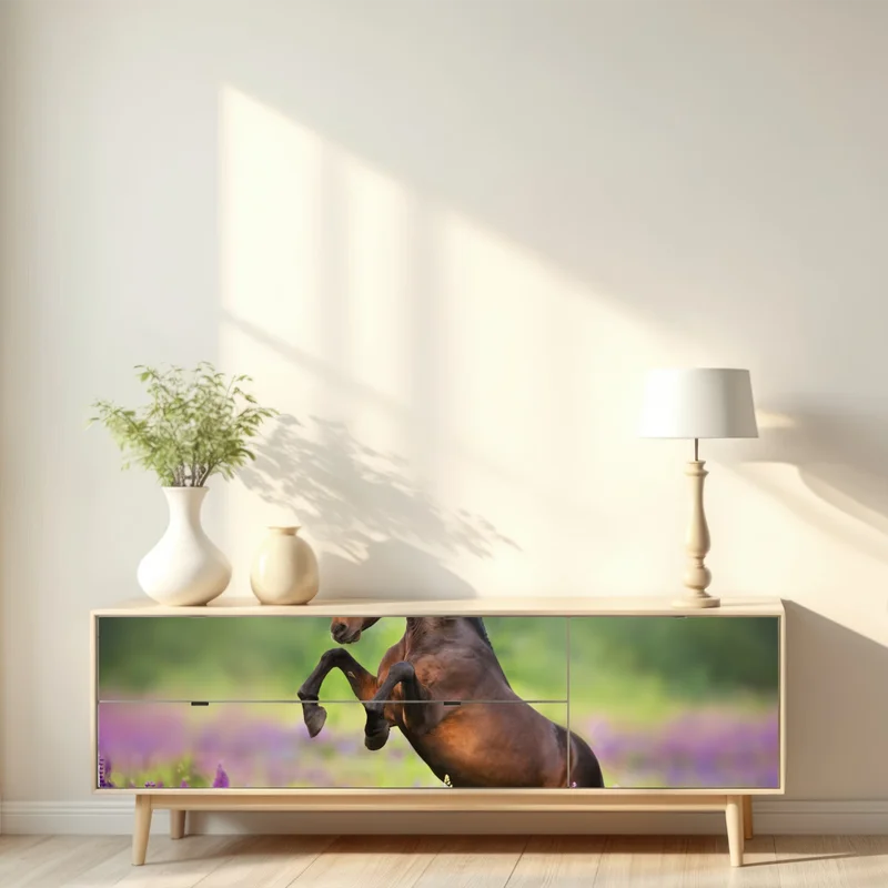 Repositionierbarer Aufkleber brauner hengst bäumt sich in lupinenwiese auf