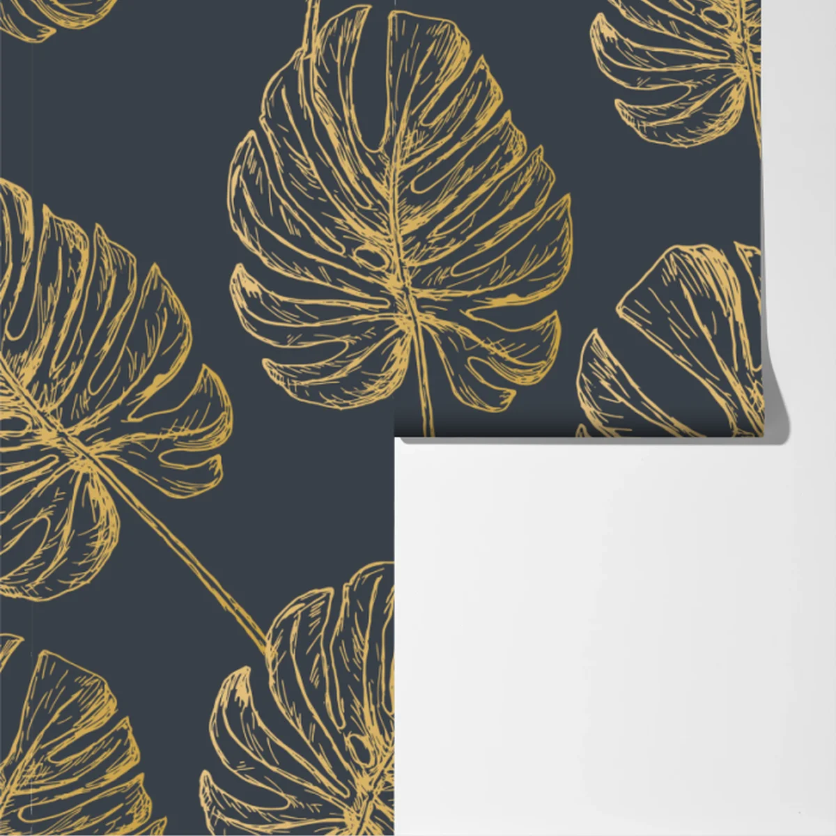 Fototapete goldene monstera-blätter auf dunklem hintergrund Fototapete goldene monstera-blätter auf dunklem hintergrund