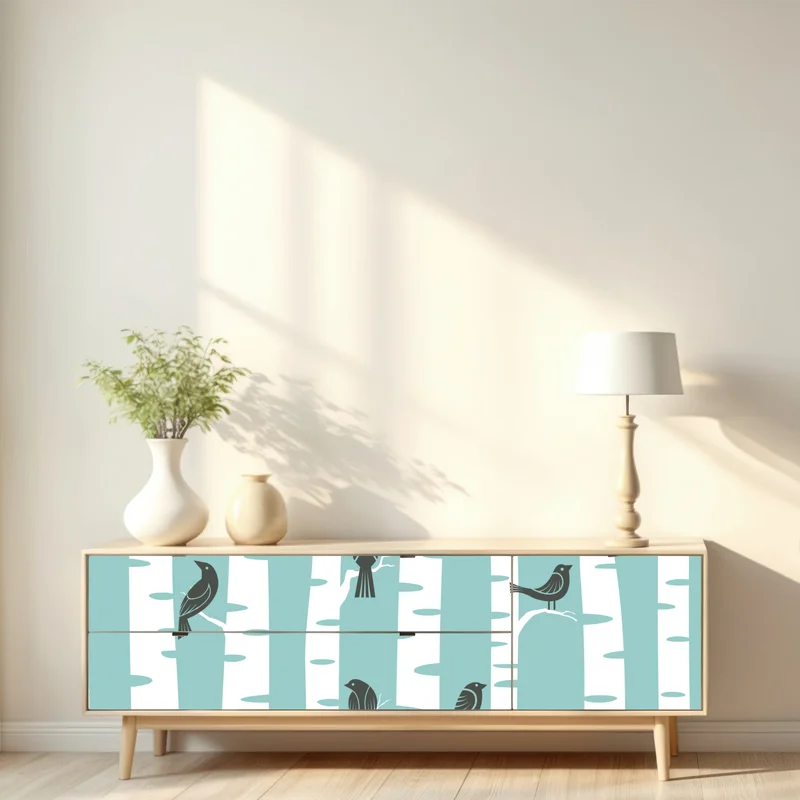 Repositionierbarer Aufkleber türkis birkenwald mit vögeln