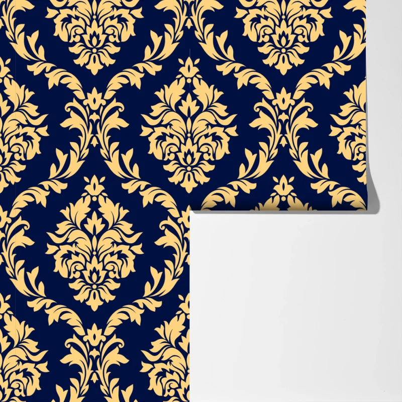 Fototapete elegantes goldenes damastmuster auf tiefblauem hintergrund Fototapete elegantes goldenes damastmuster auf tiefblauem hintergrund