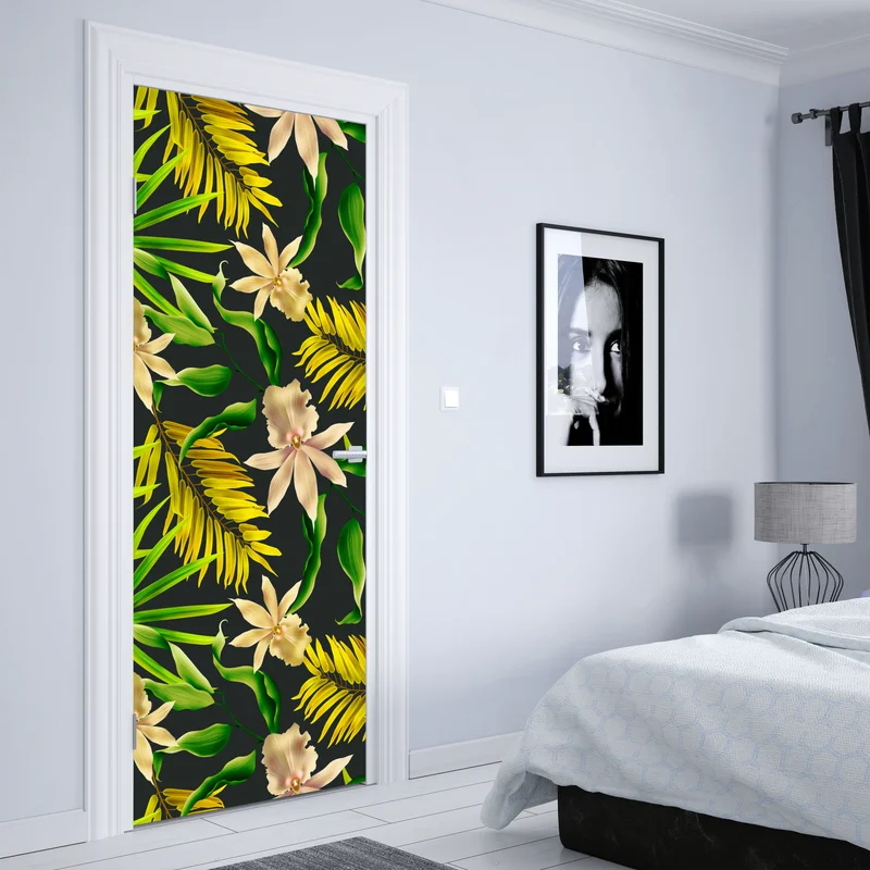 Türaufkleber tropisches orchideenmuster auf dunklem hintergrund