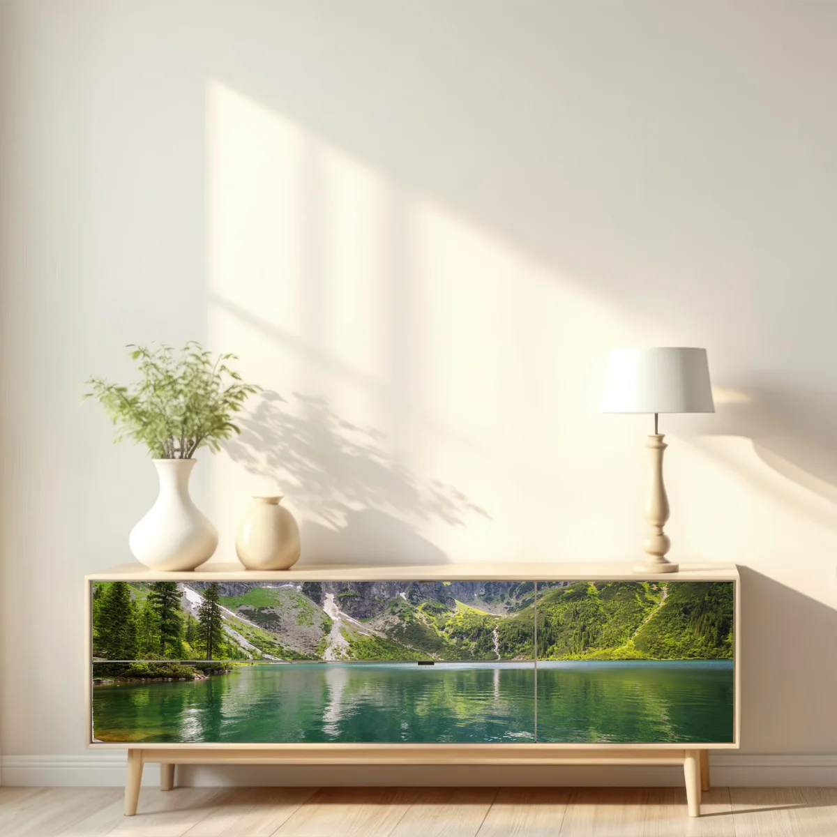 Repositionierbarer Aufkleber ruhiger smaragdgrüner bergsee vor schroffen gipfeln Repositionierbarer Aufkleber ruhiger smaragdgrüner bergsee vor schroffen gipfeln