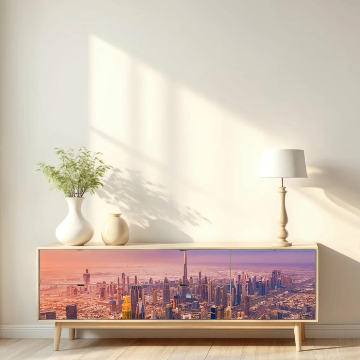 Repositionierbarer Aufkleber sonnenuntergang über der skyline von Dubai mit Burj Khalifa Repositionierbarer Aufkleber sonnenuntergang über der skyline von Dubai mit Burj Khalifa