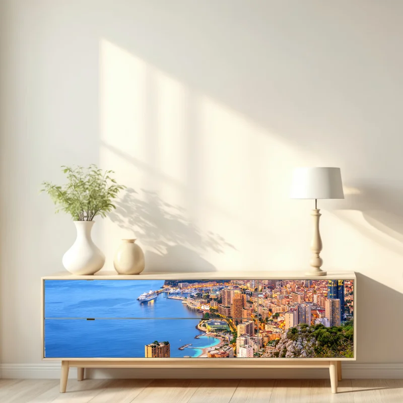 Repositionierbarer Aufkleber Monaco küstenstadt panorama bei dämmerung