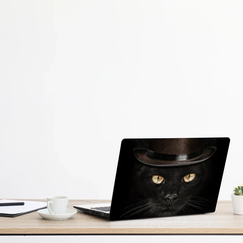 Laptop-Aufkleber elegante schwarze katze mit zylinder und fliege