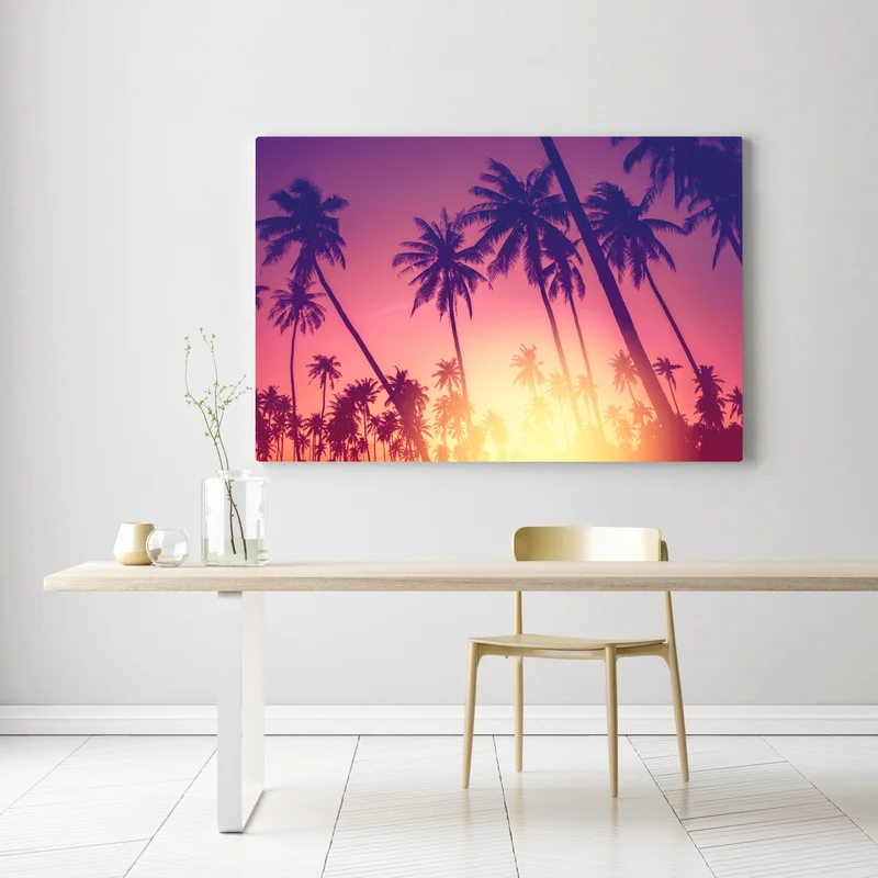 Leinwandbild tropischer sonnenuntergang mit palmensilhouette Leinwandbild tropischer sonnenuntergang mit palmensilhouette