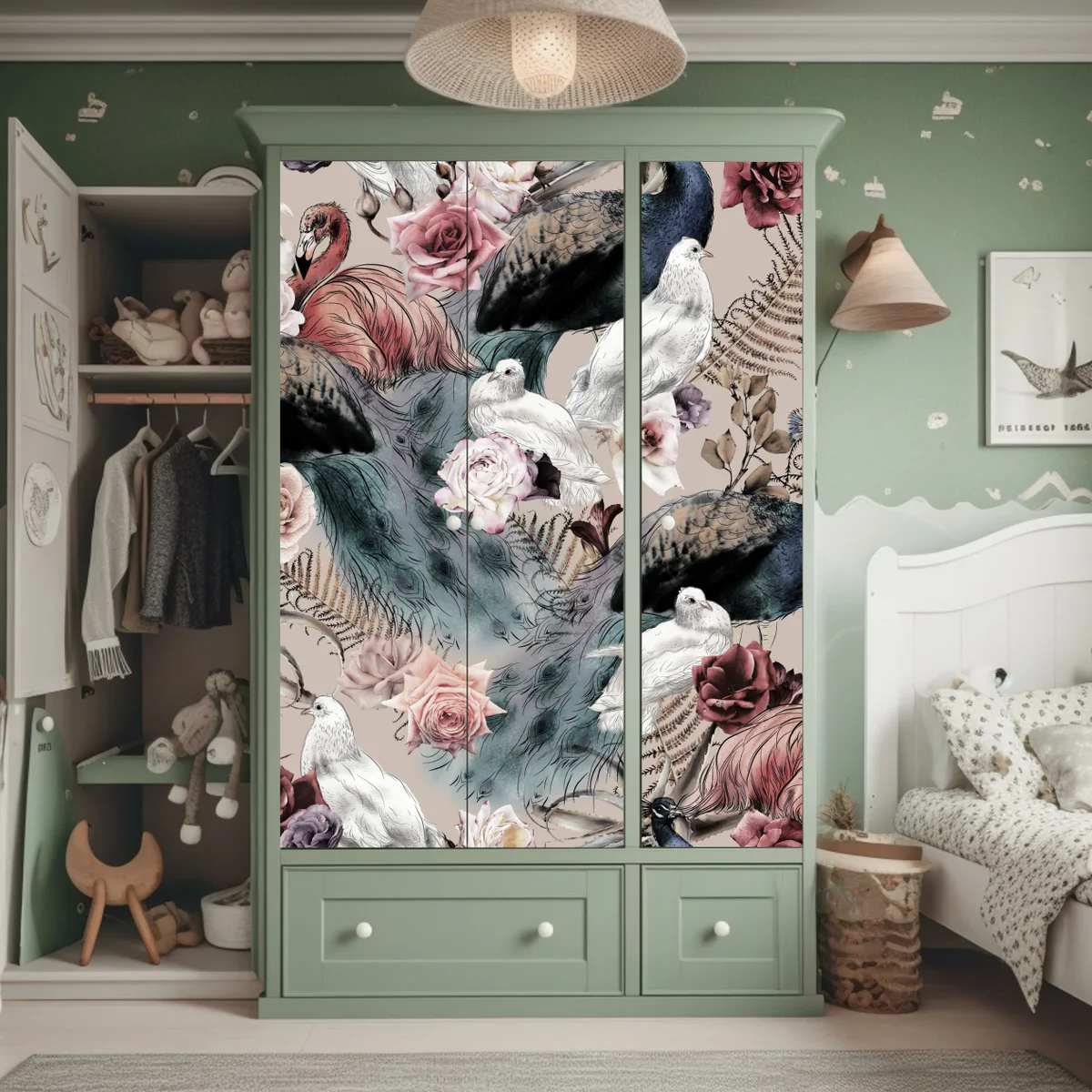 Schrankaufkleber aquarellmuster mit vögeln und rosen Schrankaufkleber aquarellmuster mit vögeln und rosen