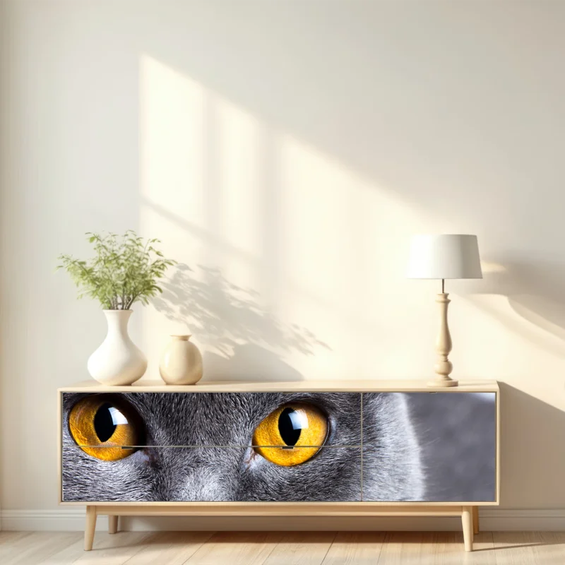 Repositionierbarer Aufkleber ausdrucksstarkes porträt einer grauen katze mit goldenen augen