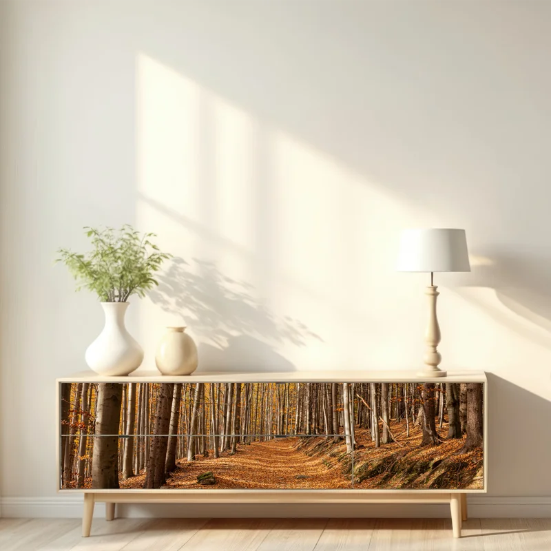 Repositionierbarer Aufkleber herbstlicher waldweg mit goldenen blättern