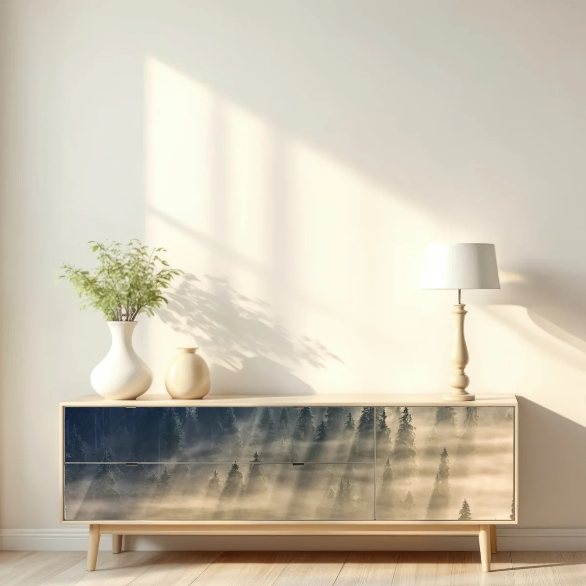 Repositionierbarer Aufkleber nebliger fichtenwald im sonnenlicht Repositionierbarer Aufkleber nebliger fichtenwald im sonnenlicht