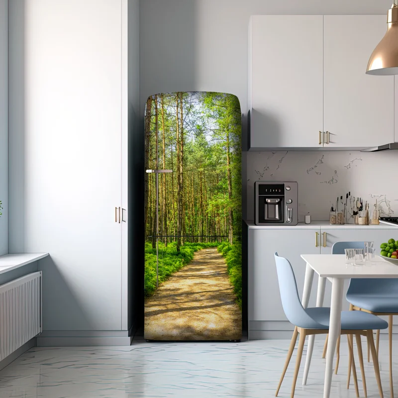 Kühlschrankaufkleber sonniger waldweg zwischen kiefern