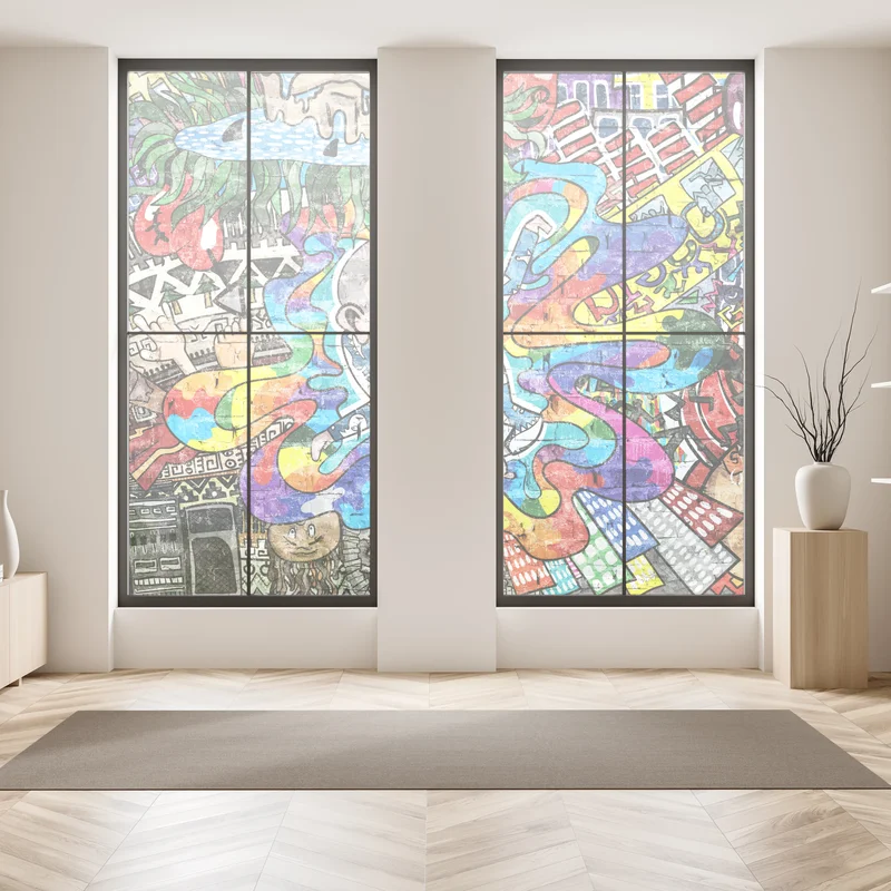 Fensteraufkleber buntes graffiti-mural mit träumendem kind