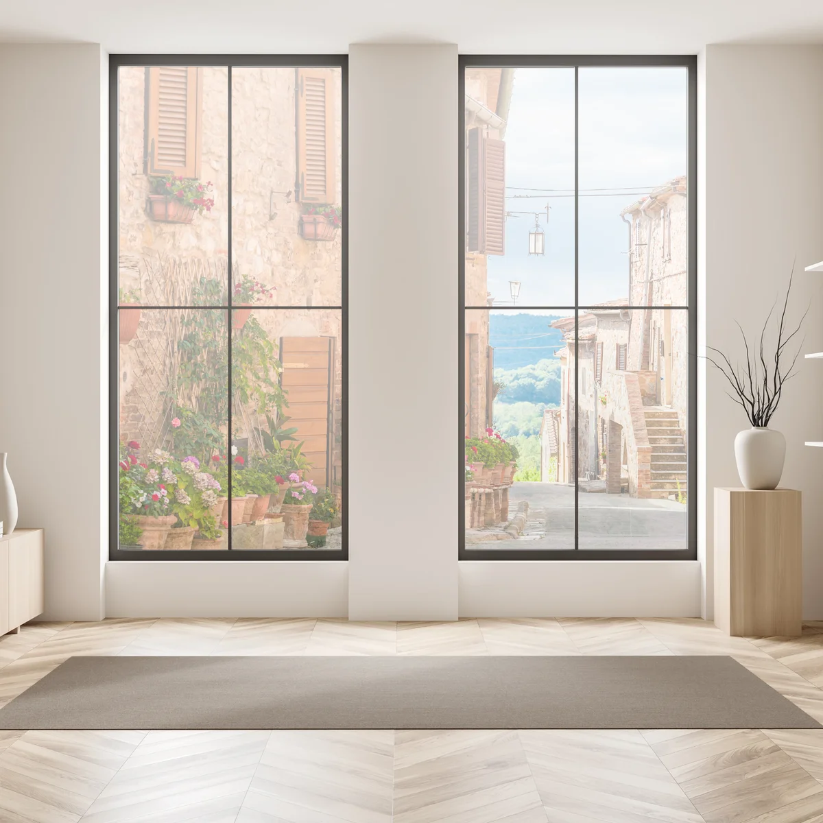 Fensteraufkleber mittelalterliche straße in der Toskana mit blumentöpfen Fensteraufkleber mittelalterliche straße in der Toskana mit blumentöpfen